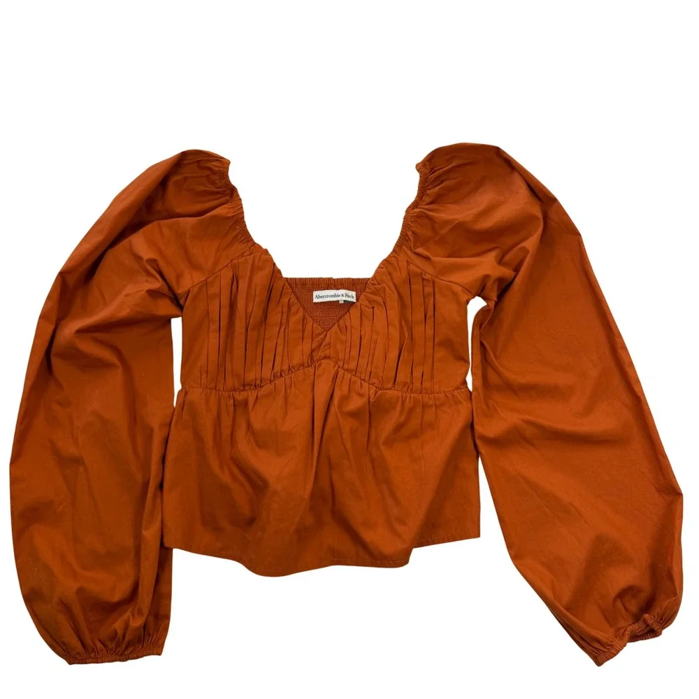 Abercrombie & Fitch Cotton Puff Sleeve Peplum Top Women XXS Rust Orange